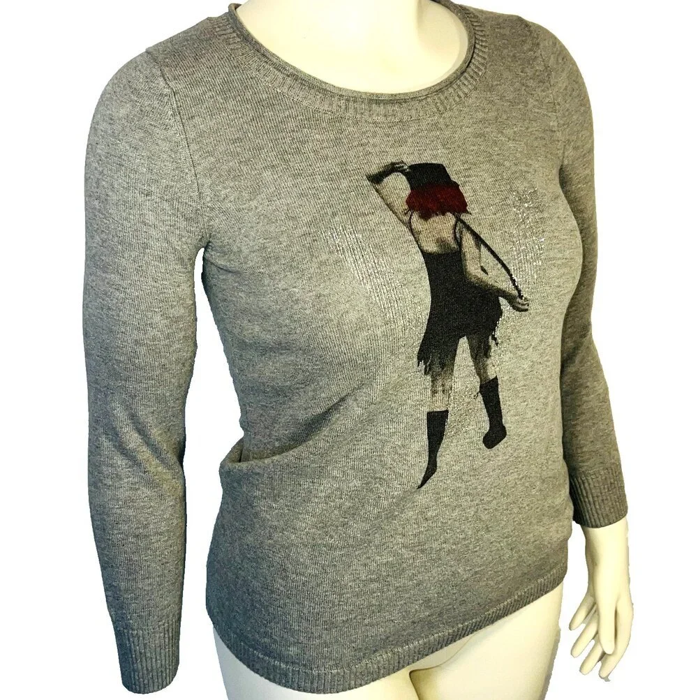 Veeko Sweater Womens S/M Graphic Print Gray Crew Neck Long Sleeve